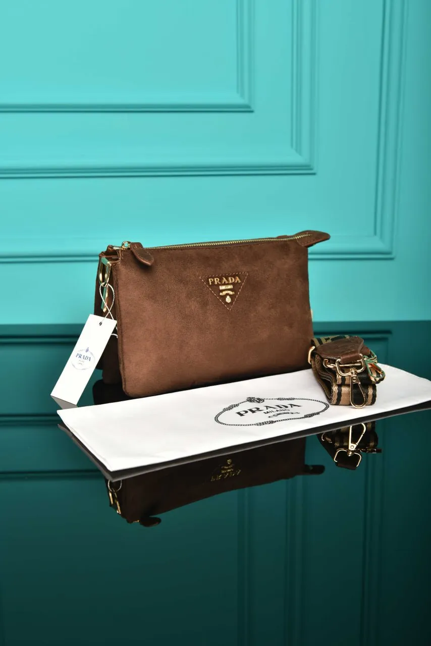 Vitello Daino Soft Mini Zippered Bag in Suede Dark Brown